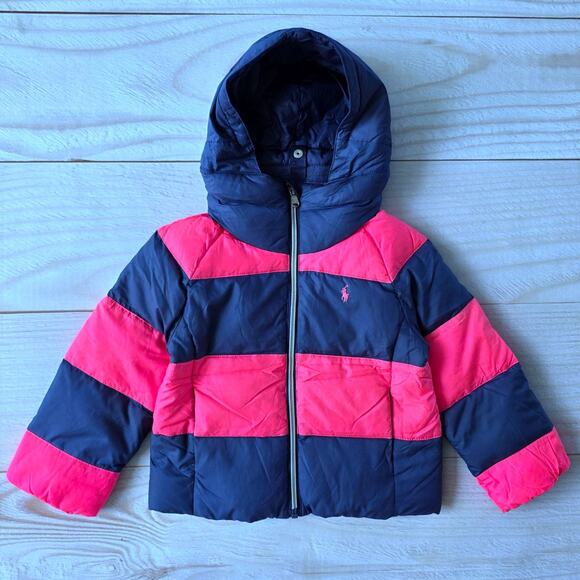 Polo Ralph Lauren Girls Duck Down Puffer Foldable Hood Jacket Sz.4/4T Navy Pink - Picture 1 of 7
